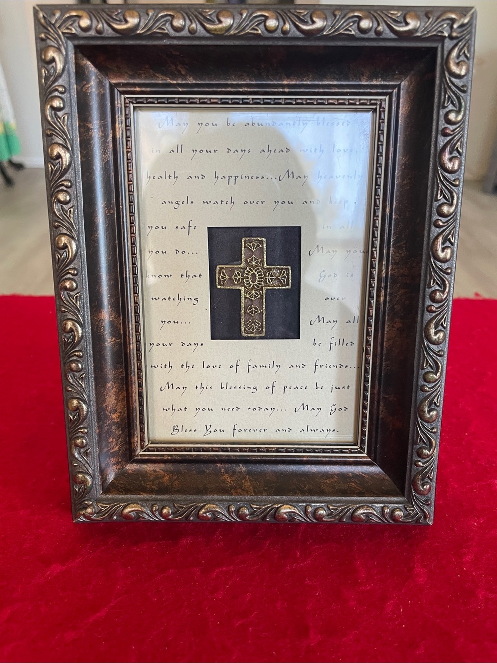Vintage Kirklands Bronze Ornate Shadowbox Cross Frame with Antique Gold Accents